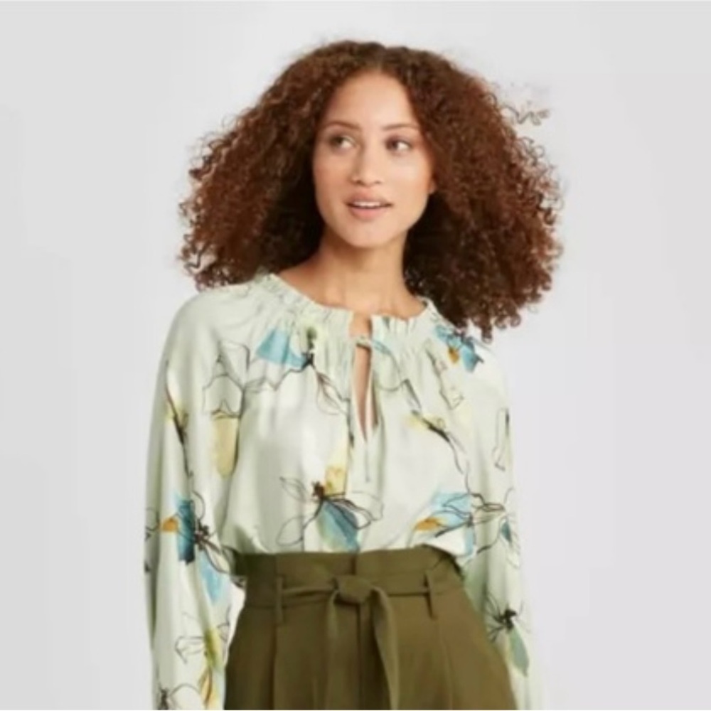 A New Day Floral Bishop Top, Ruched Tie Neck, Spring Mint Size S Oversized